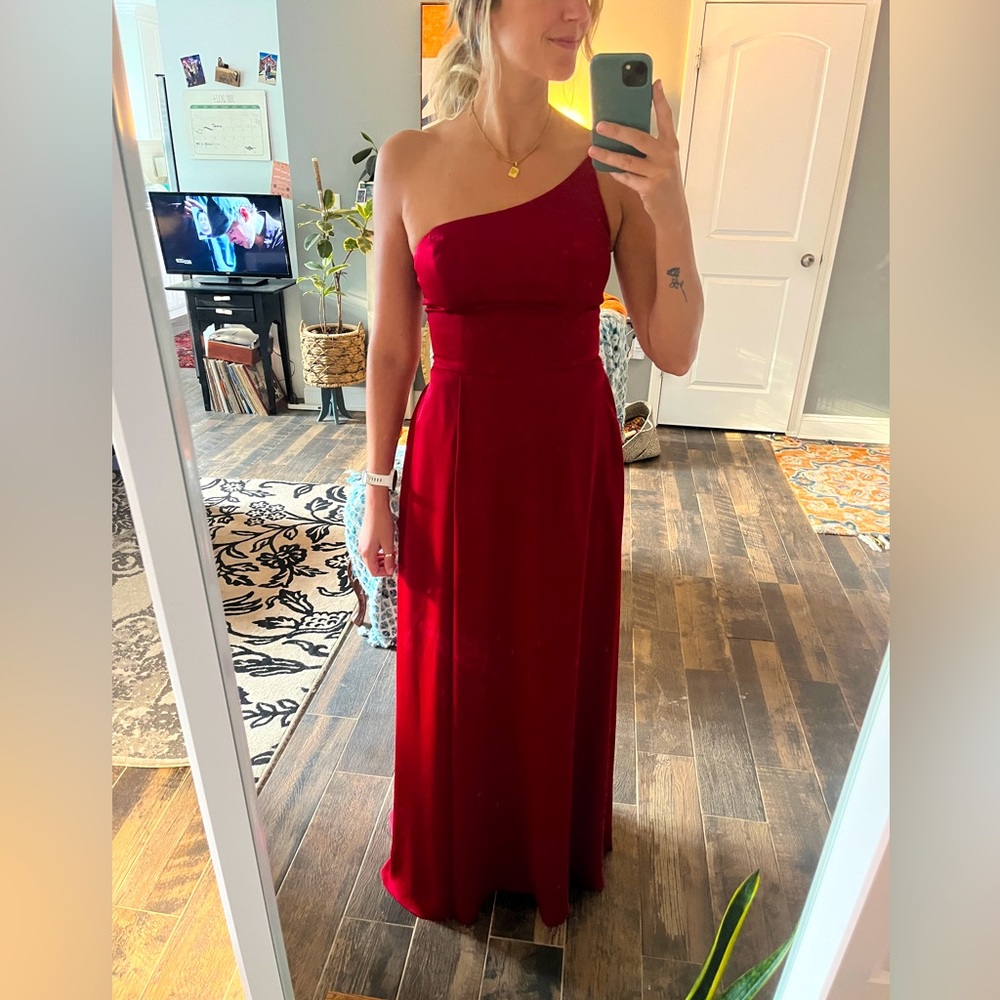 Crepe-back satin one-shoulder bridesmaid dress in Apple. Never altered.